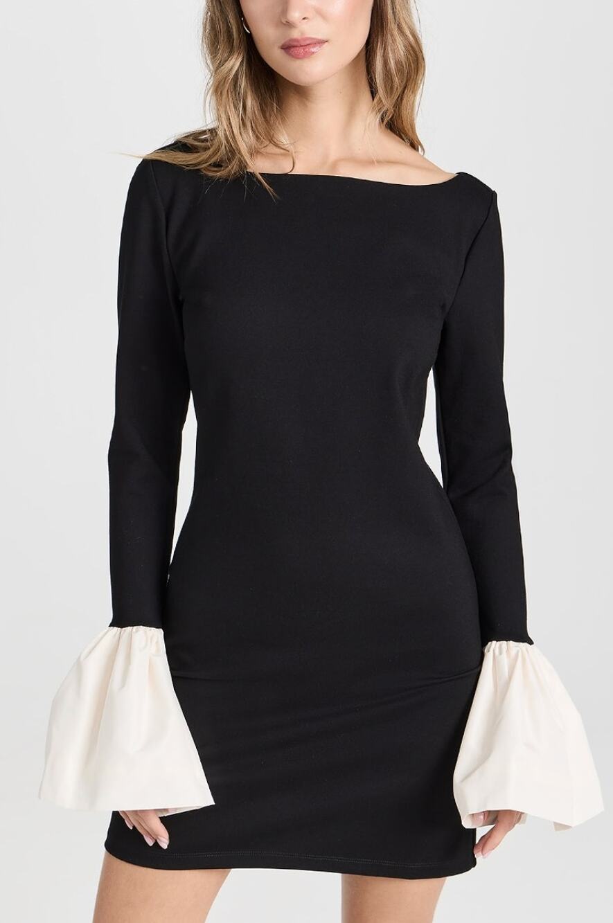 Staud Hawthorne Mini Dress Womens XS Black Two Tone Boat Neck Ponte Bell Sleeve